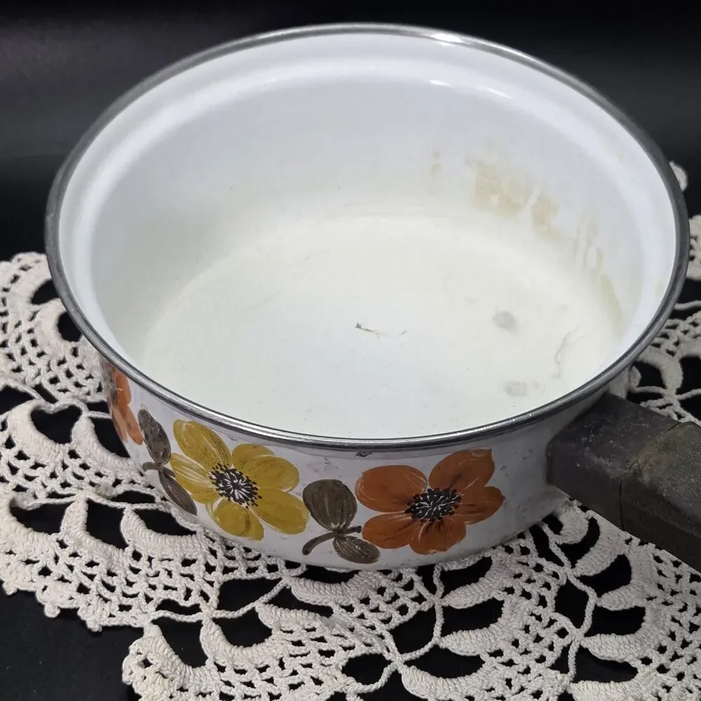 Austria Email Sauce Pan Skillet Enamelware Mod Flowers 70's Boho Cottage VTG MCM